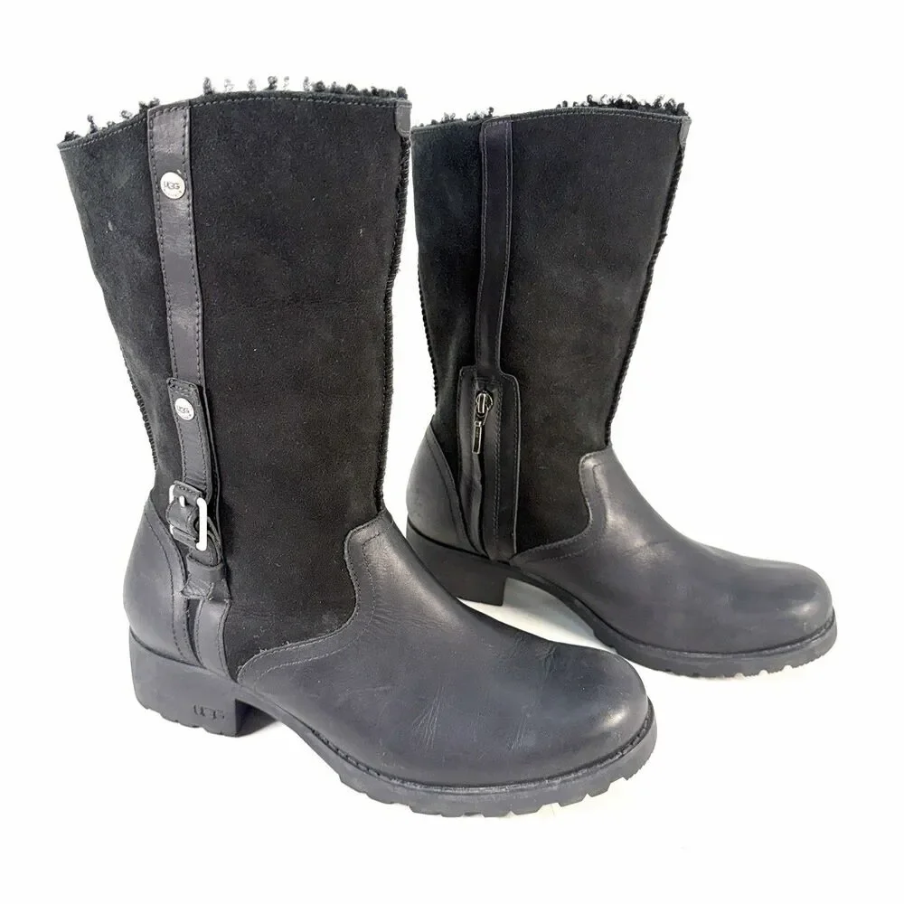 UGG Australia Bellevue Shearling Fold Over Moto Black Leather Boots Sz 10 U.S.
